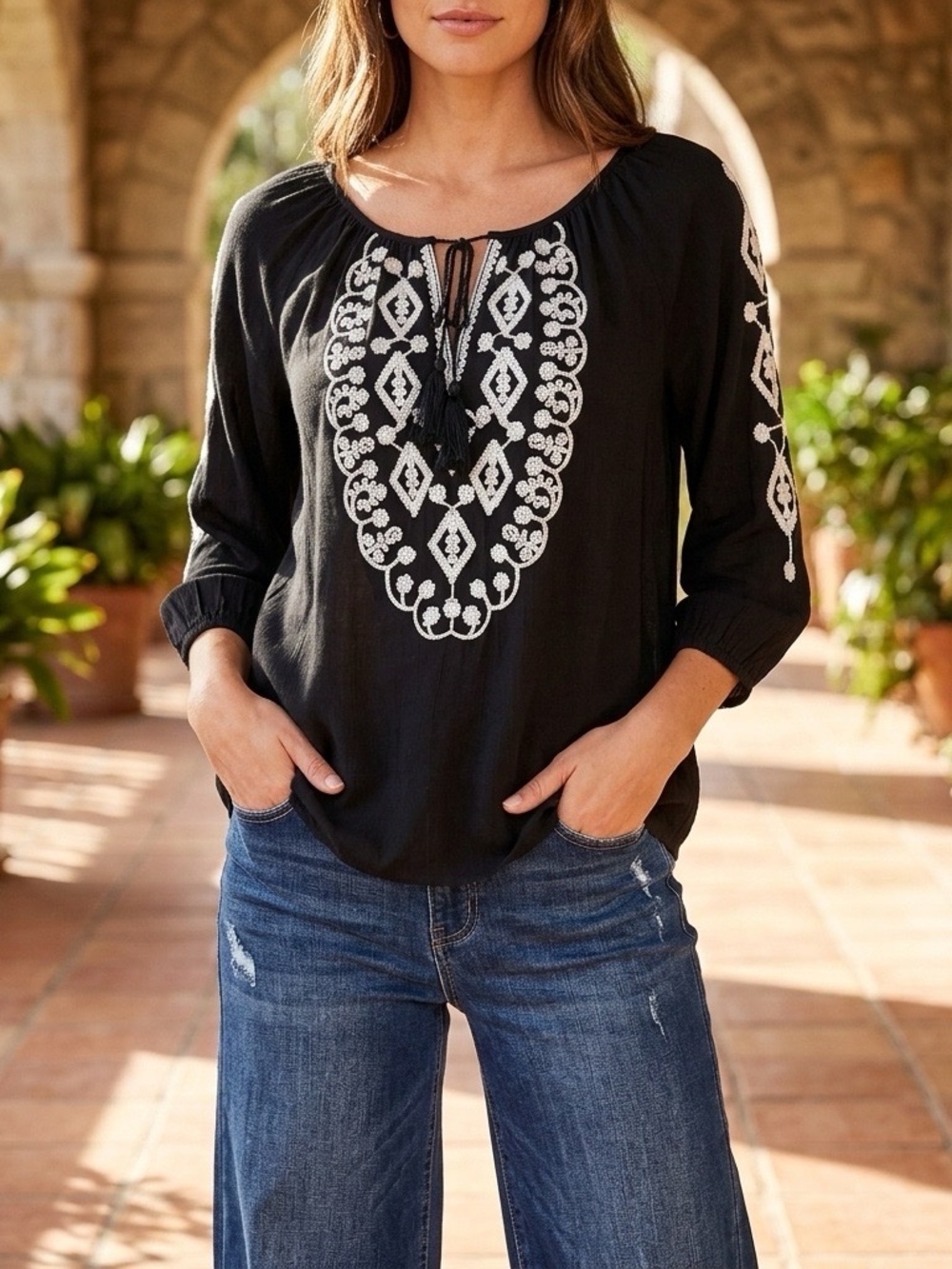 Earl Jeans Embroidered Sequin Top Womens Small Boho Peasant Fairygoth Flowy